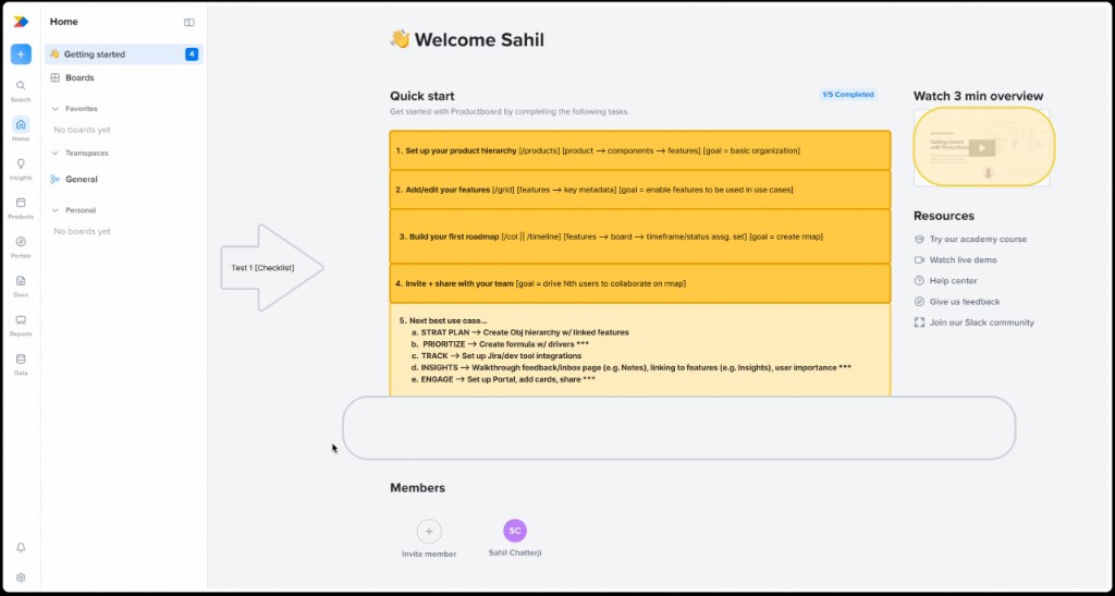 Getting Started wireframe exploring a connected Quick Start checklist for Test 1