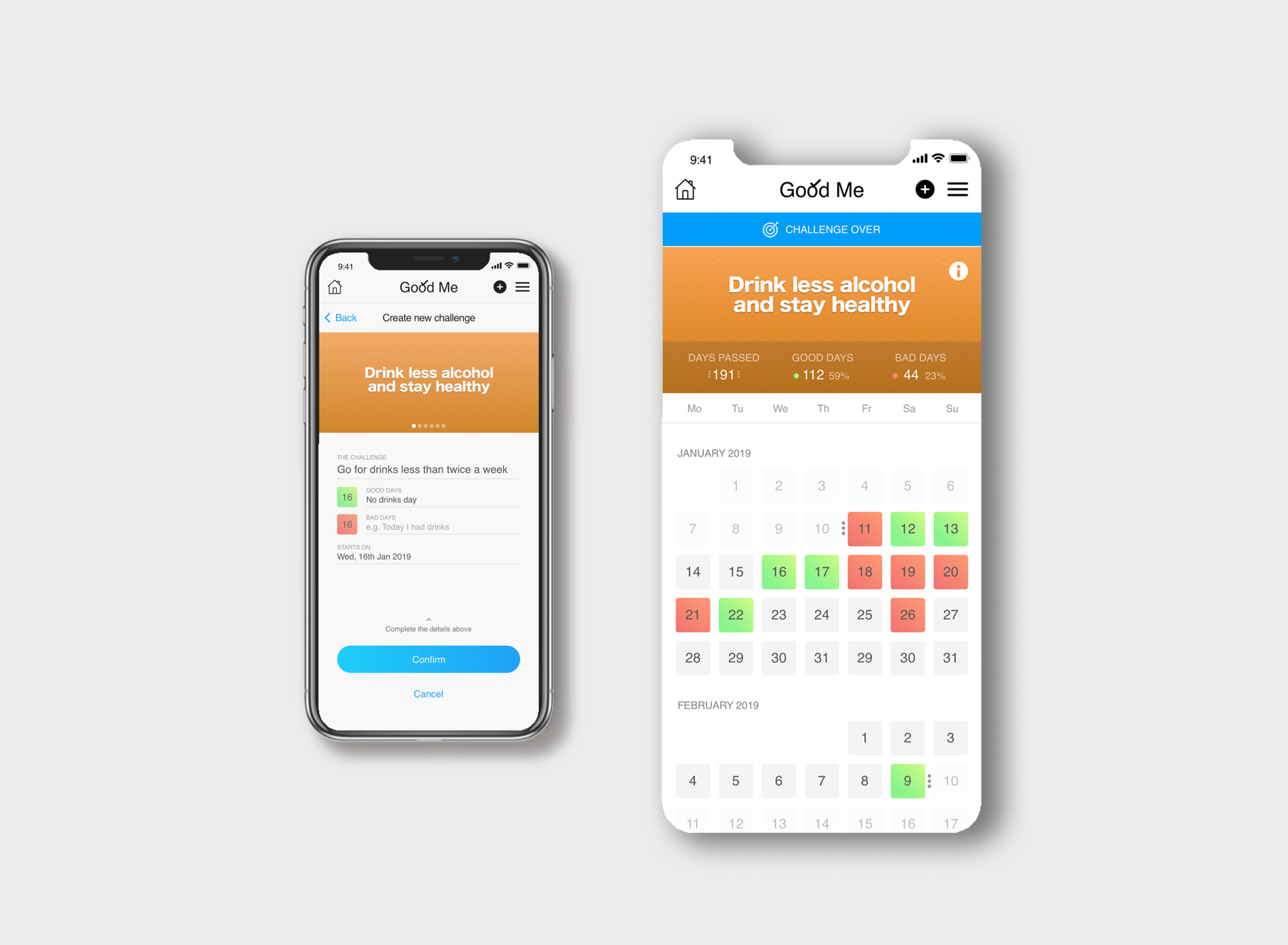 GoodMe iOS app screens showing challenge progress over time