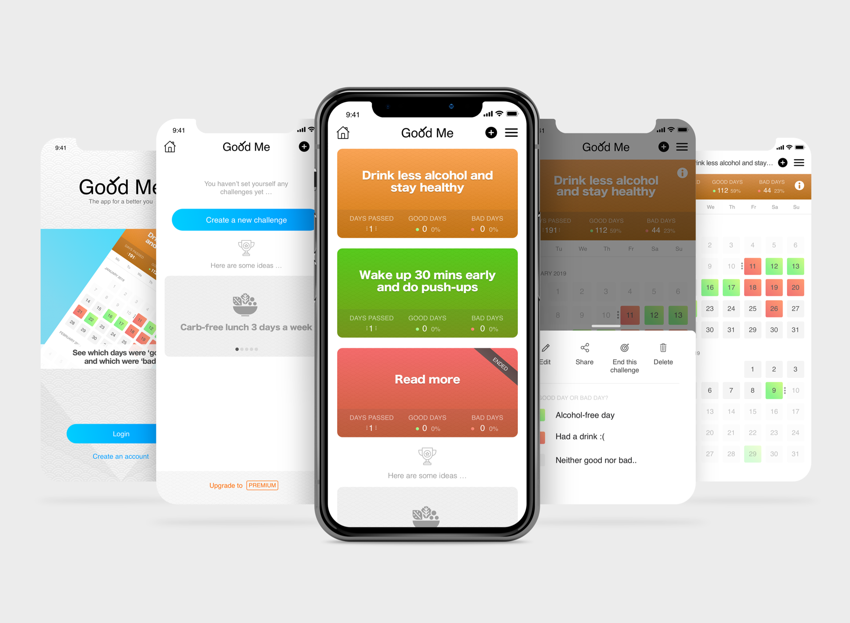 GoodMe app interface highlighting weekly and monthly progress views