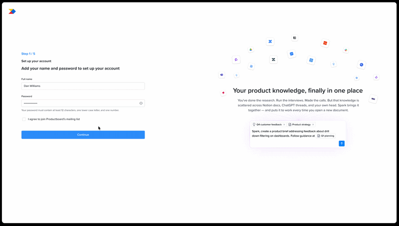 Productboard Spark onboarding flow from sign-up through use-case selection to first AI output
