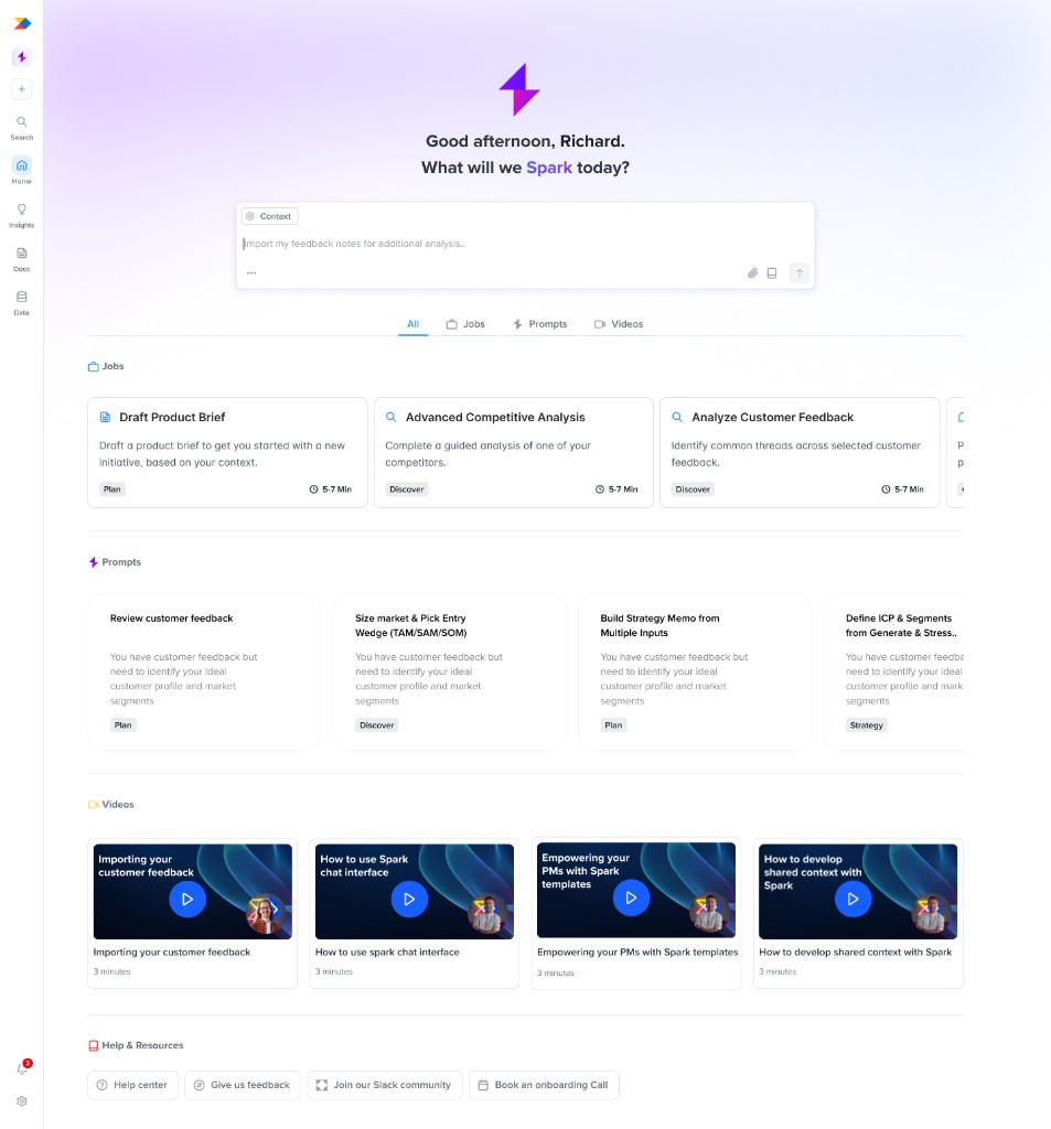 Spark home showing Jobs, Prompts, and Videos together below the main chat input