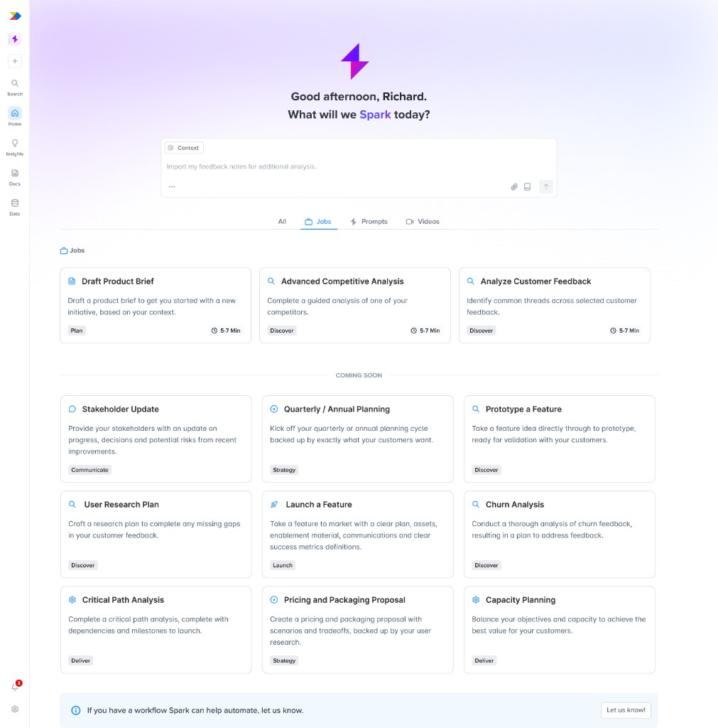 Spark Jobs tab with guided workflows like Draft Product Brief and Analyze Customer Feedback