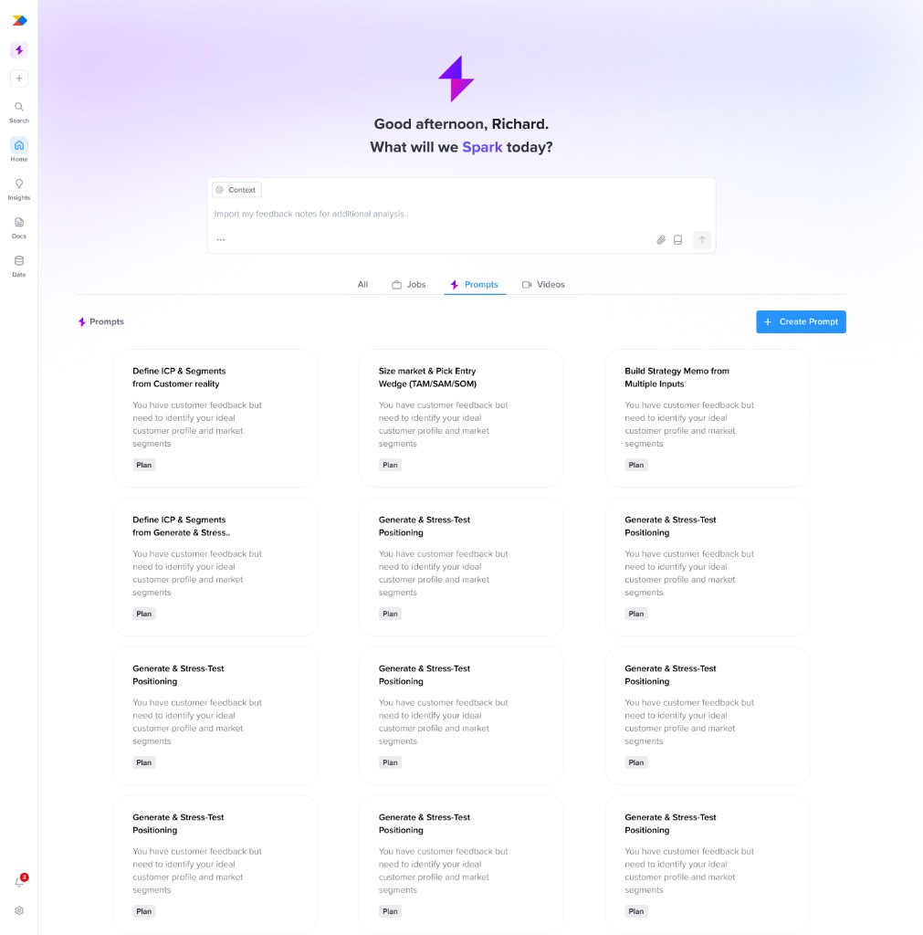 Spark Prompts tab with reusable PM prompt templates