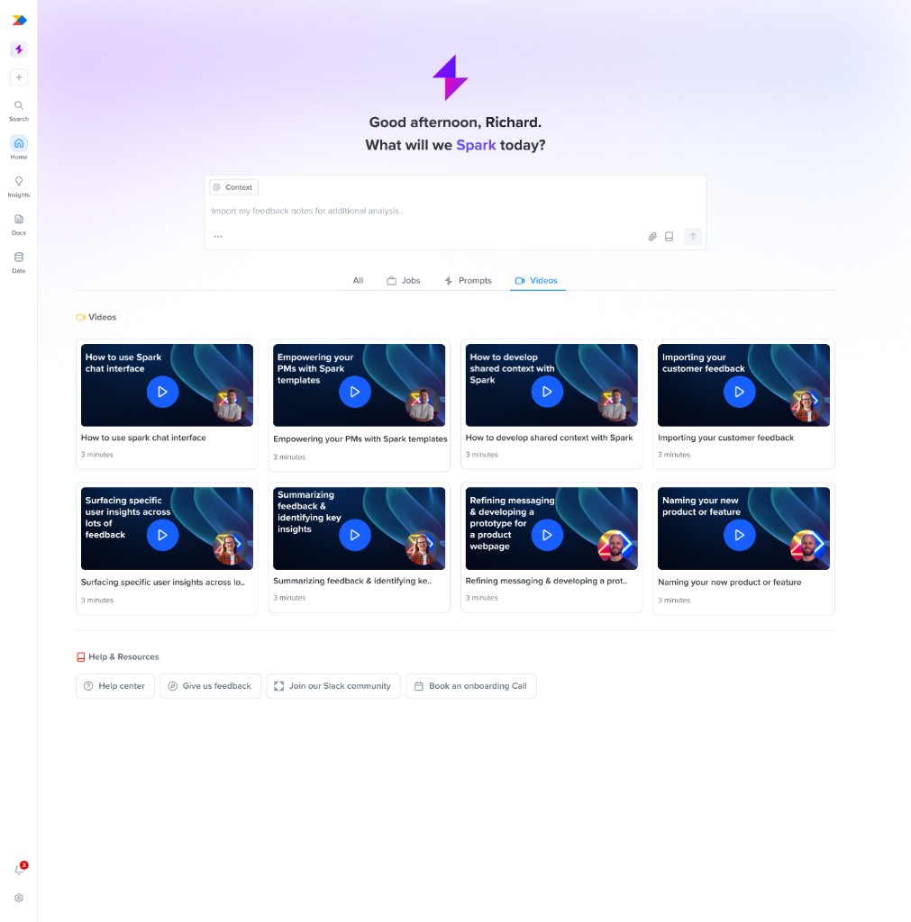 Spark Videos tab with short tutorials for feedback import, chat, and templates