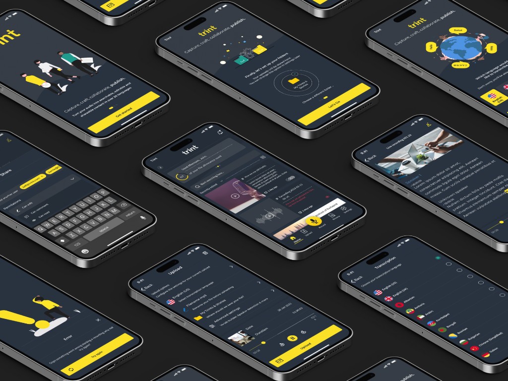 Trint mobile app full screen designs across onboarding, home, live, and settings